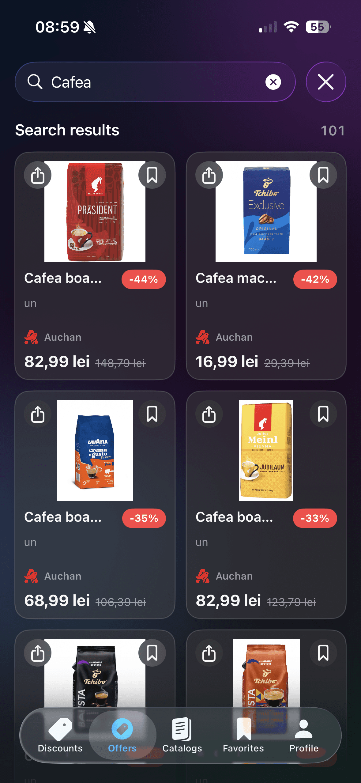 Ecran Discount Search cu rezultate de căutare pentru cafea